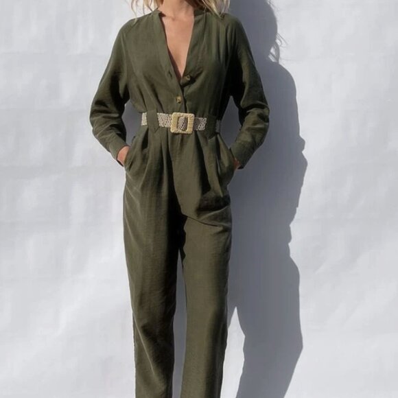 Zara Olive Long Sleeve Jumpsuit - Picture 1 of 12